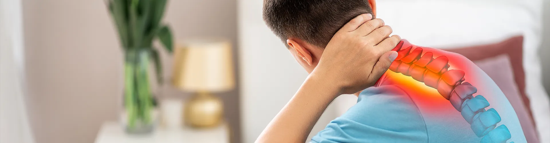Man holding his neck with spine overlay, showing discomfort.