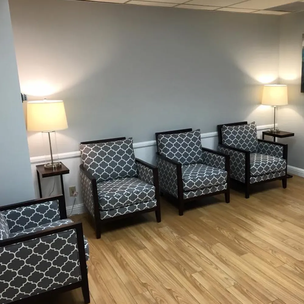 Waiting area with patterned chairs
