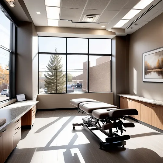 Chiropractic treatment room with one bed and large window.