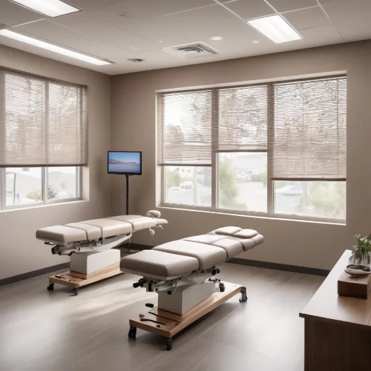 Chiropractic treatment room with two beds, corner screen, and right-side drawer.