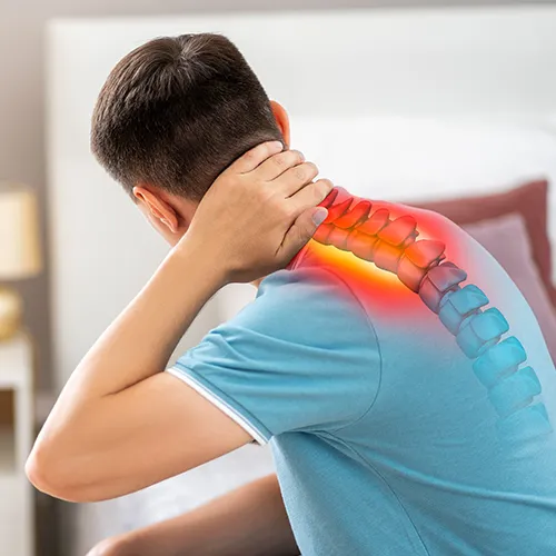 Man holding his neck with spine overlay, showing discomfort.