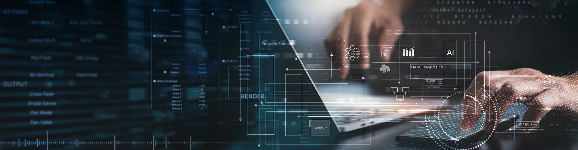 Person using laptop with digital code and numbers overlay.