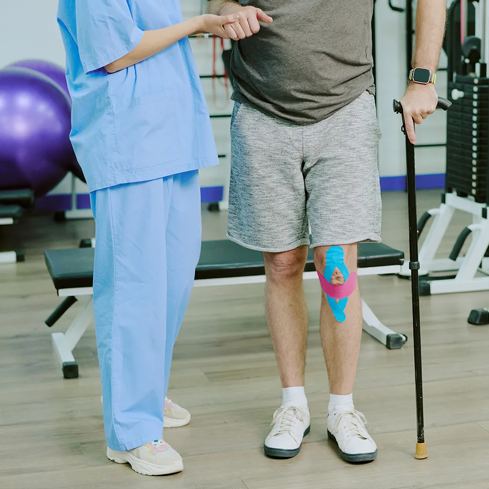 Man walking with support after knee injury