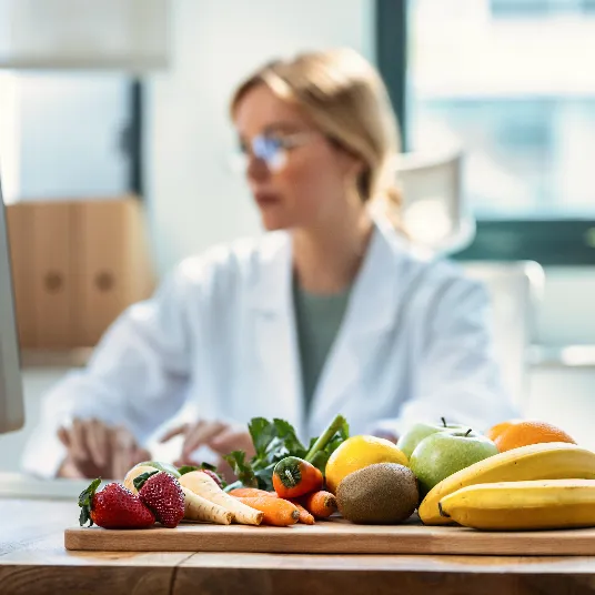 Fruits and vegetables in foreground with blurred practitioner using computer in background.