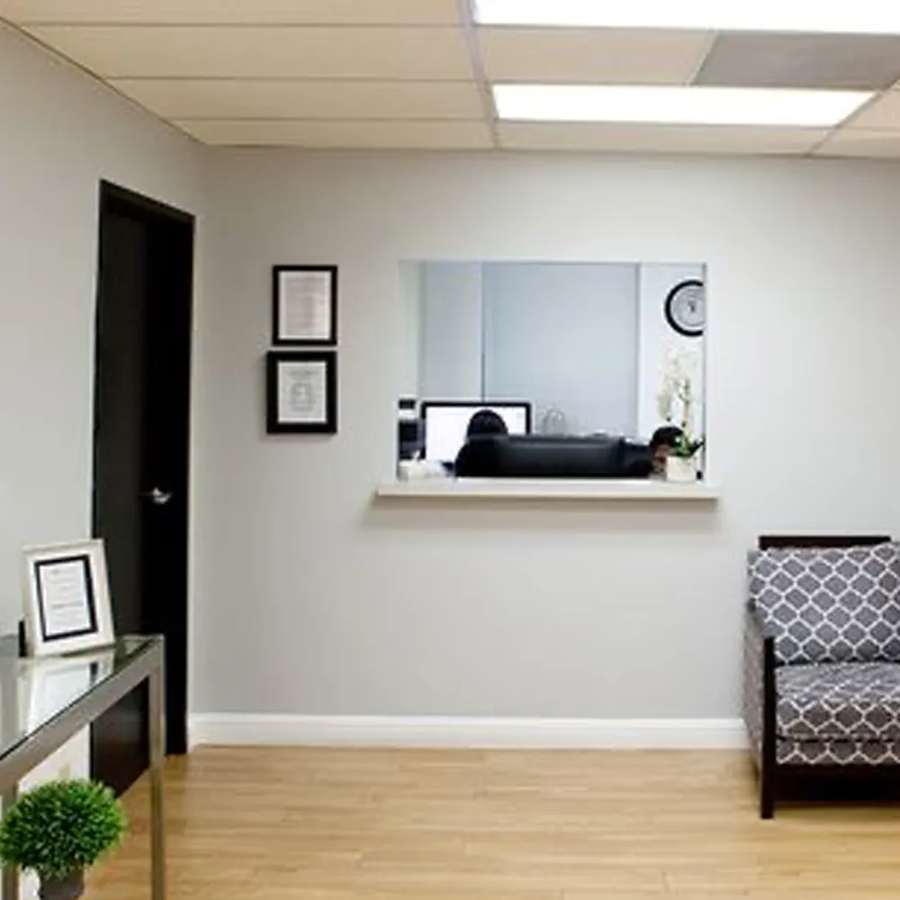 Reception area with desk and seating